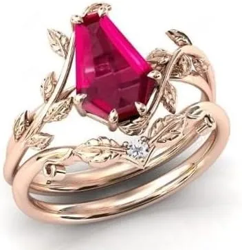 Vintage Red Ruby Engagement Ring Set Anniversary Ring Set For Women Coffin Shaped Art Deco Leaf Style Wedding Ring Set