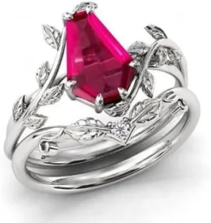 Vintage Red Ruby Engagement Ring Set Anniversary Ring Set For Women Coffin Shaped Art Deco Leaf Style Wedding Ring Set