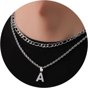 WEDDINEN Layered Initial Letter Pendant Necklace for Men Figaro Twist Rope Chain Necklace Jewelry Graduation Birthday Gift for Men Boys