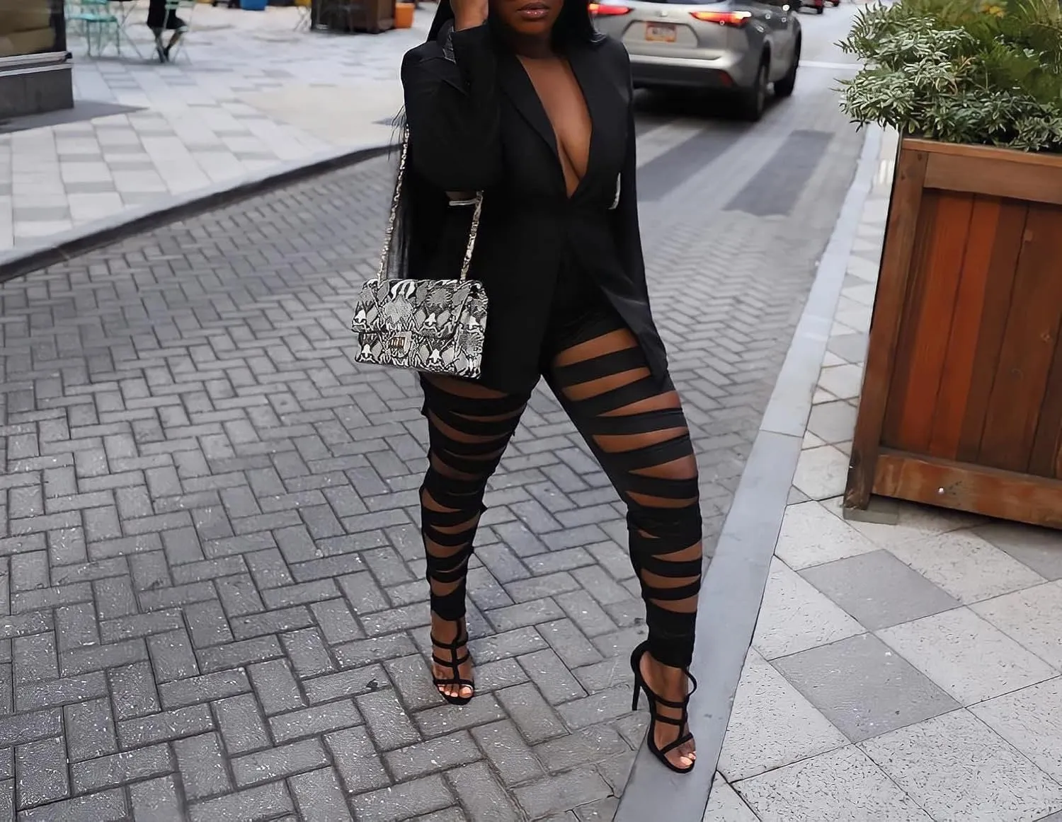 Women 2 Piece Outfits Sexy Long Sleeve A Buckle Blazer Jackets with Ripped Holes