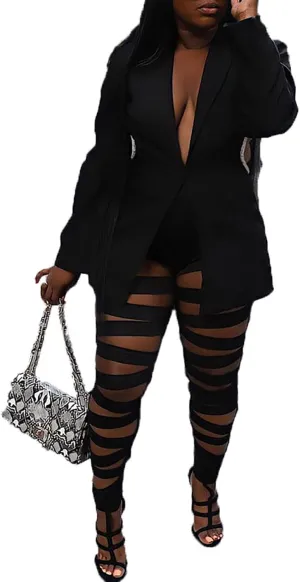 Women 2 Piece Outfits Sexy Long Sleeve A Buckle Blazer Jackets with Ripped Holes