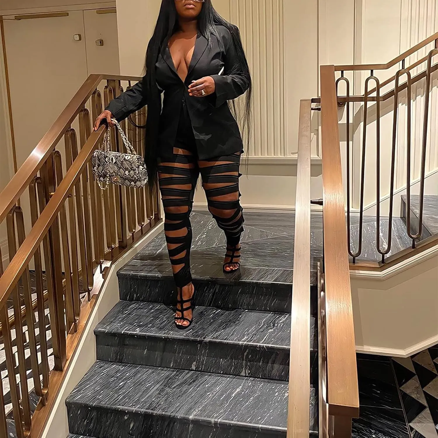 Women 2 Piece Outfits Sexy Long Sleeve A Buckle Blazer Jackets with Ripped Holes
