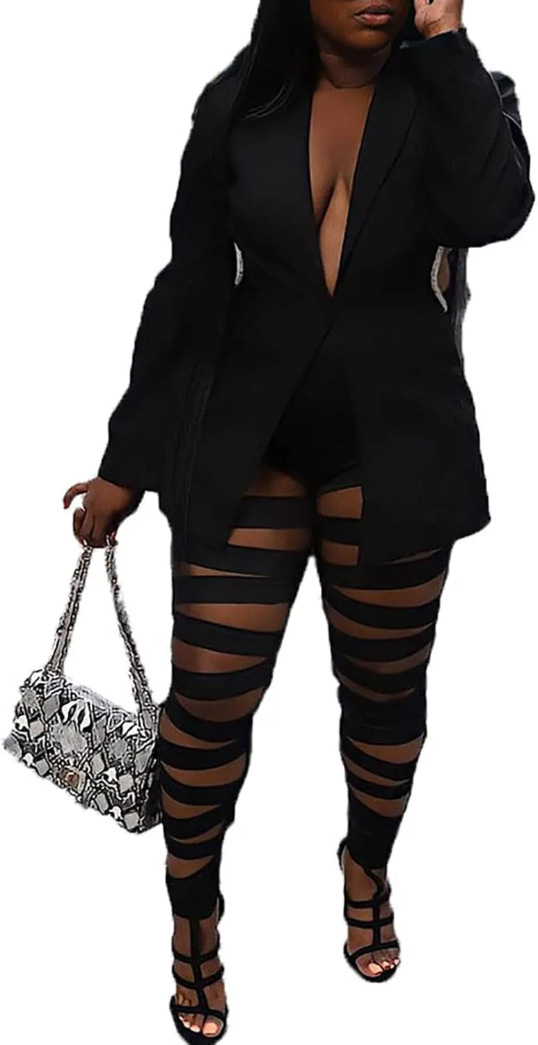 Women 2 Piece Outfits Sexy Long Sleeve A Buckle Blazer Jackets with Ripped Holes