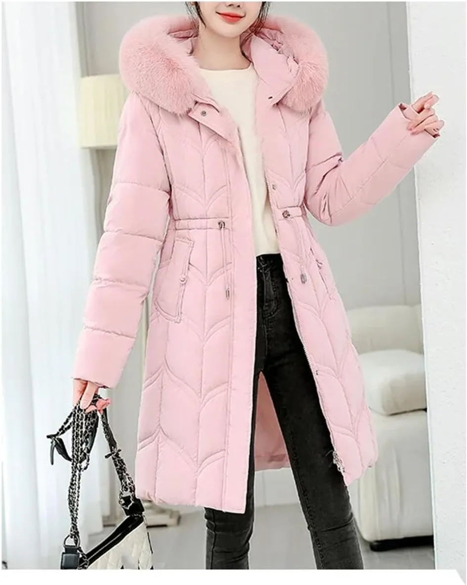 women Drawstring Belt Long Parka Coat Classic Thick Plush Hooded Stripe Cotton-Padded Jacket