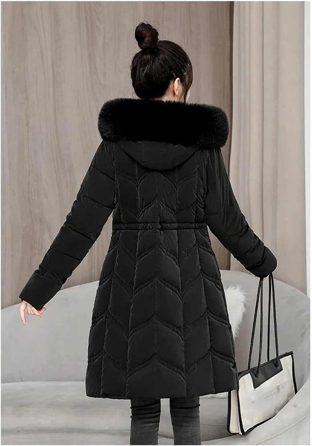 women Drawstring Belt Long Parka Coat Classic Thick Plush Hooded Stripe Cotton-Padded Jacket