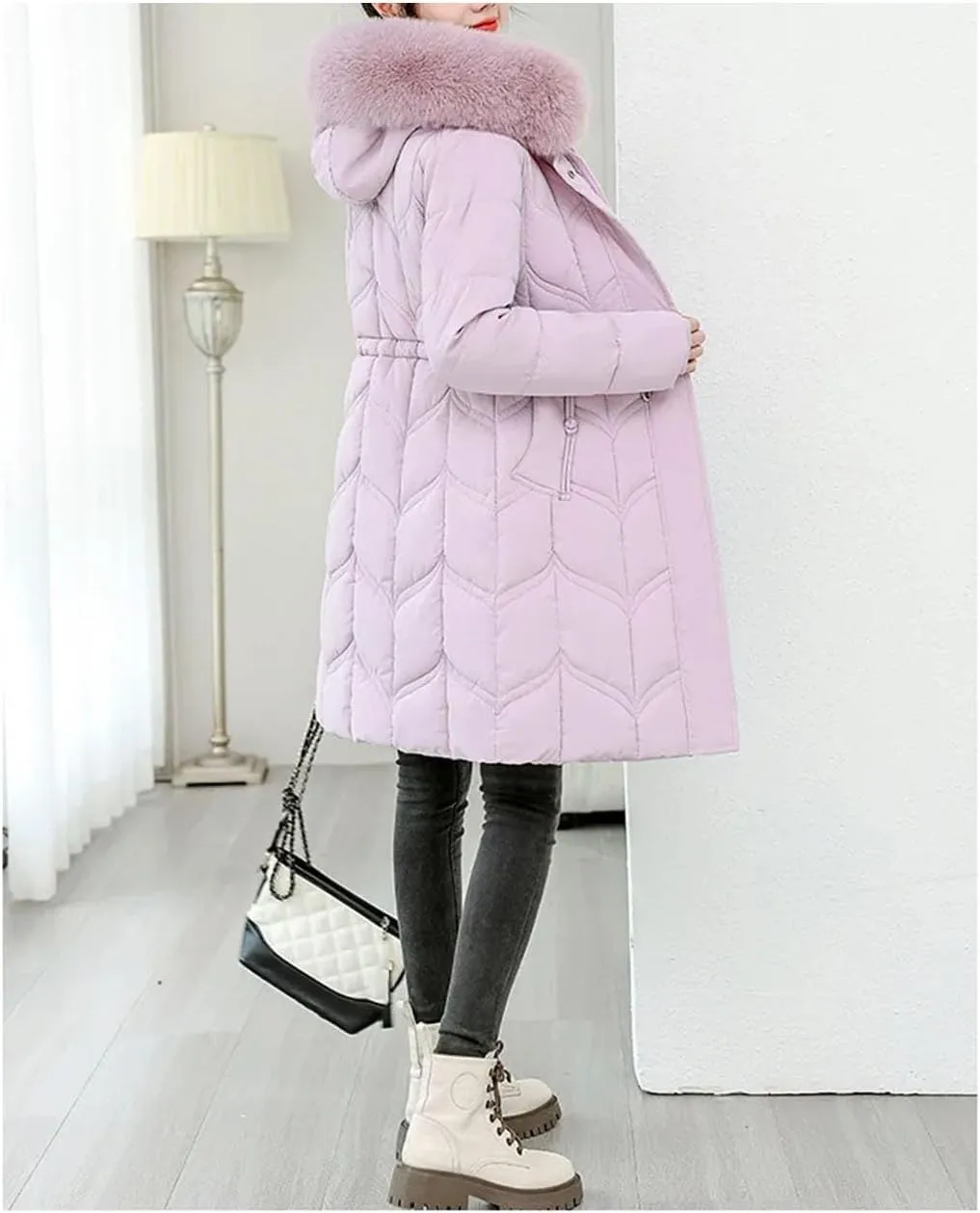 women Drawstring Belt Long Parka Coat Classic Thick Plush Hooded Stripe Cotton-Padded Jacket