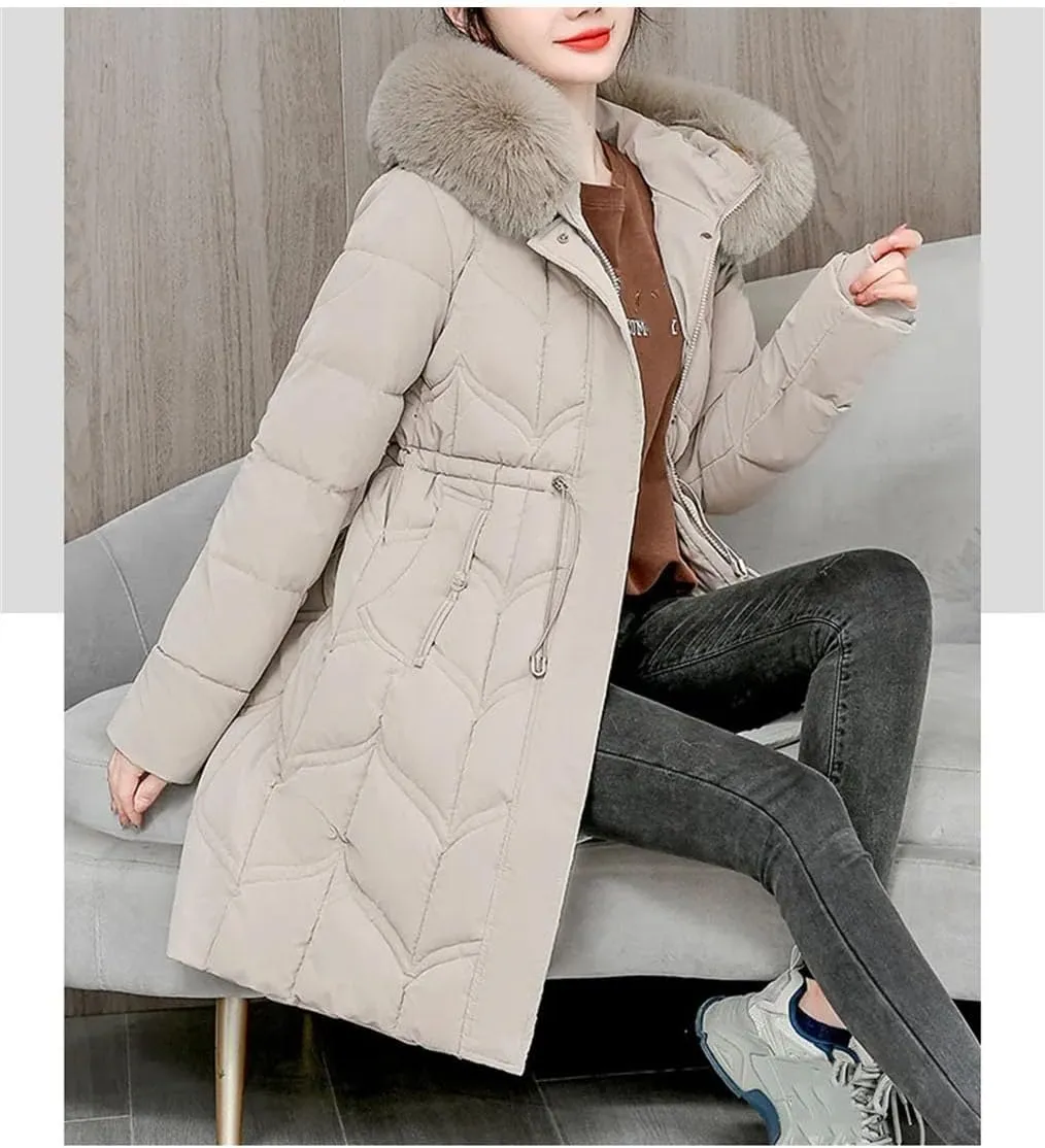 women Drawstring Belt Long Parka Coat Classic Thick Plush Hooded Stripe Cotton-Padded Jacket