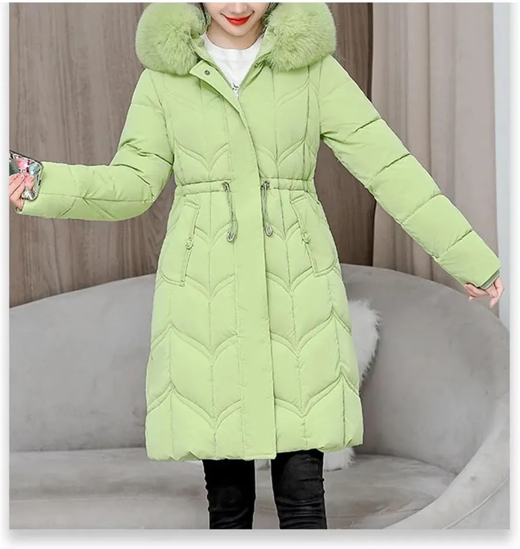 women Drawstring Belt Long Parka Coat Classic Thick Plush Hooded Stripe Cotton-Padded Jacket