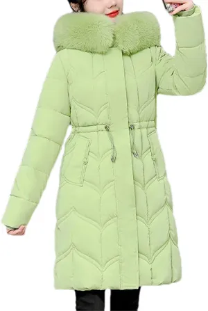 women Drawstring Belt Long Parka Coat Classic Thick Plush Hooded Stripe Cotton-Padded Jacket