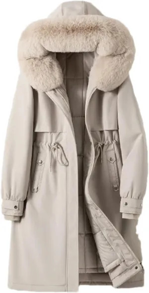 Women Drawstring Waist Thick Parka Coat Classic Plush Hooded Long Cotton-Padded Jacket