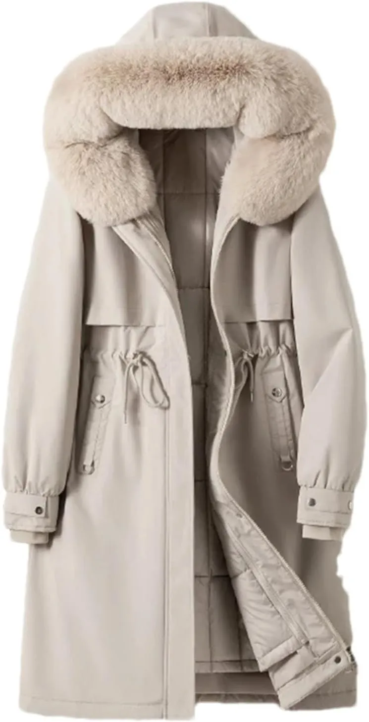 Women Drawstring Waist Thick Parka Coat Classic Plush Hooded Long Cotton-Padded Jacket