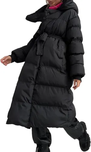 Women Hooded Oversized Long Parka Coat Classic Stripes Solid Pockets Cotton-Padded Jacket