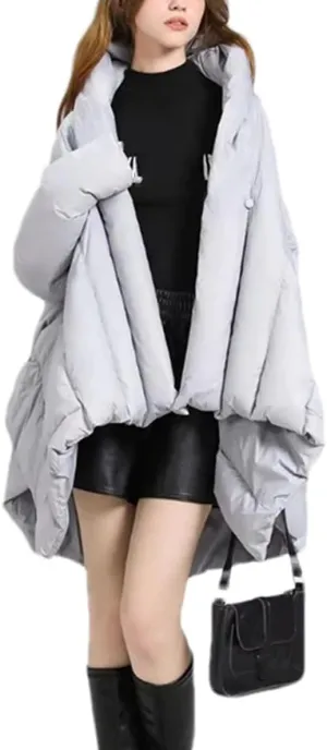 Women Irregular Shawl Loose Parka Coat Classic Medium-Length Hooded Cotton-Padded Jacket