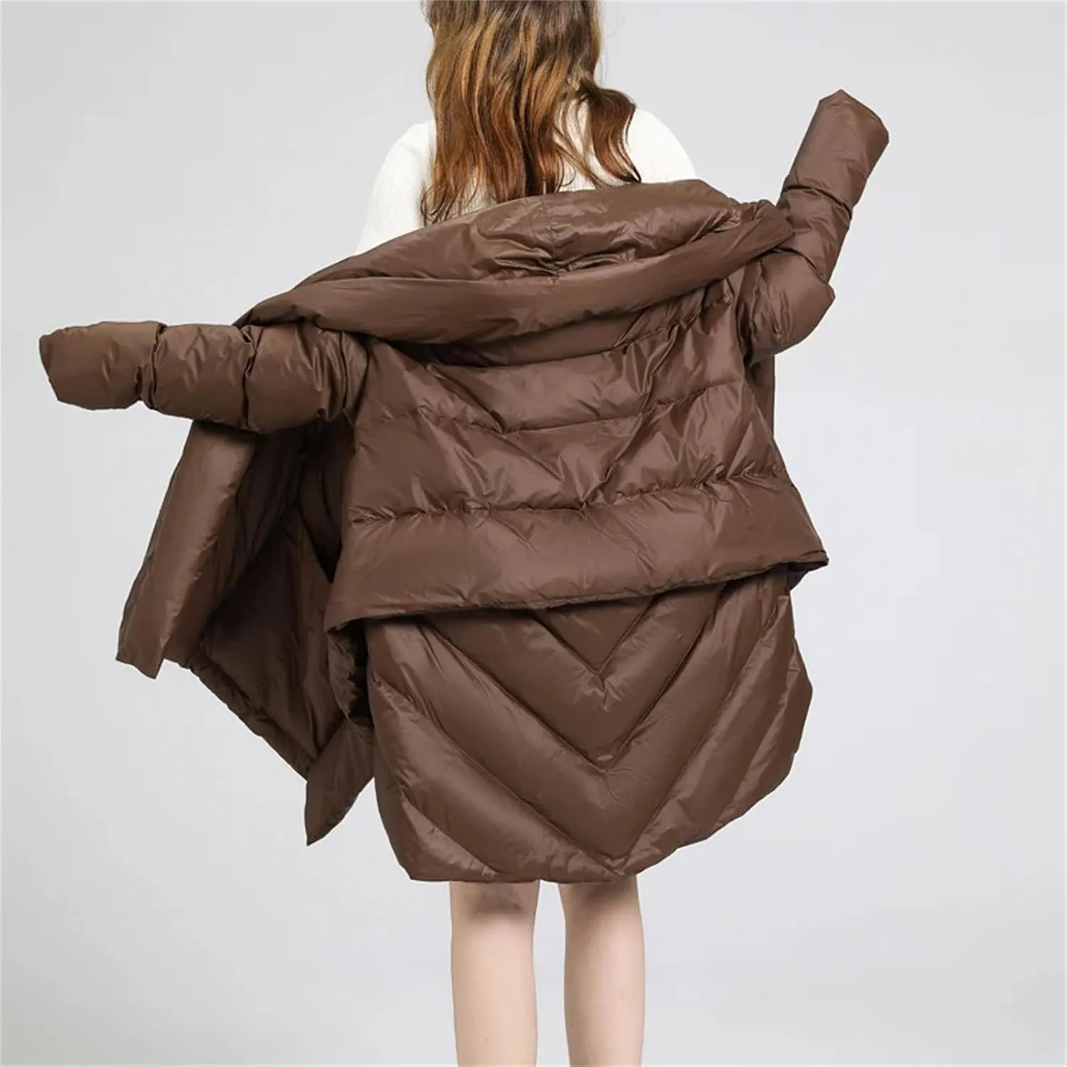 Women Irregular Shawl Loose Parka Coat Classic Medium-Length Hooded Cotton-Padded Jacket
