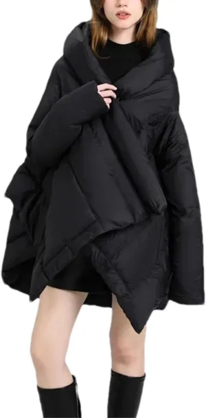 Women Irregular Shawl Loose Parka Coat Classic Medium-Length Hooded Cotton-Padded Jacket