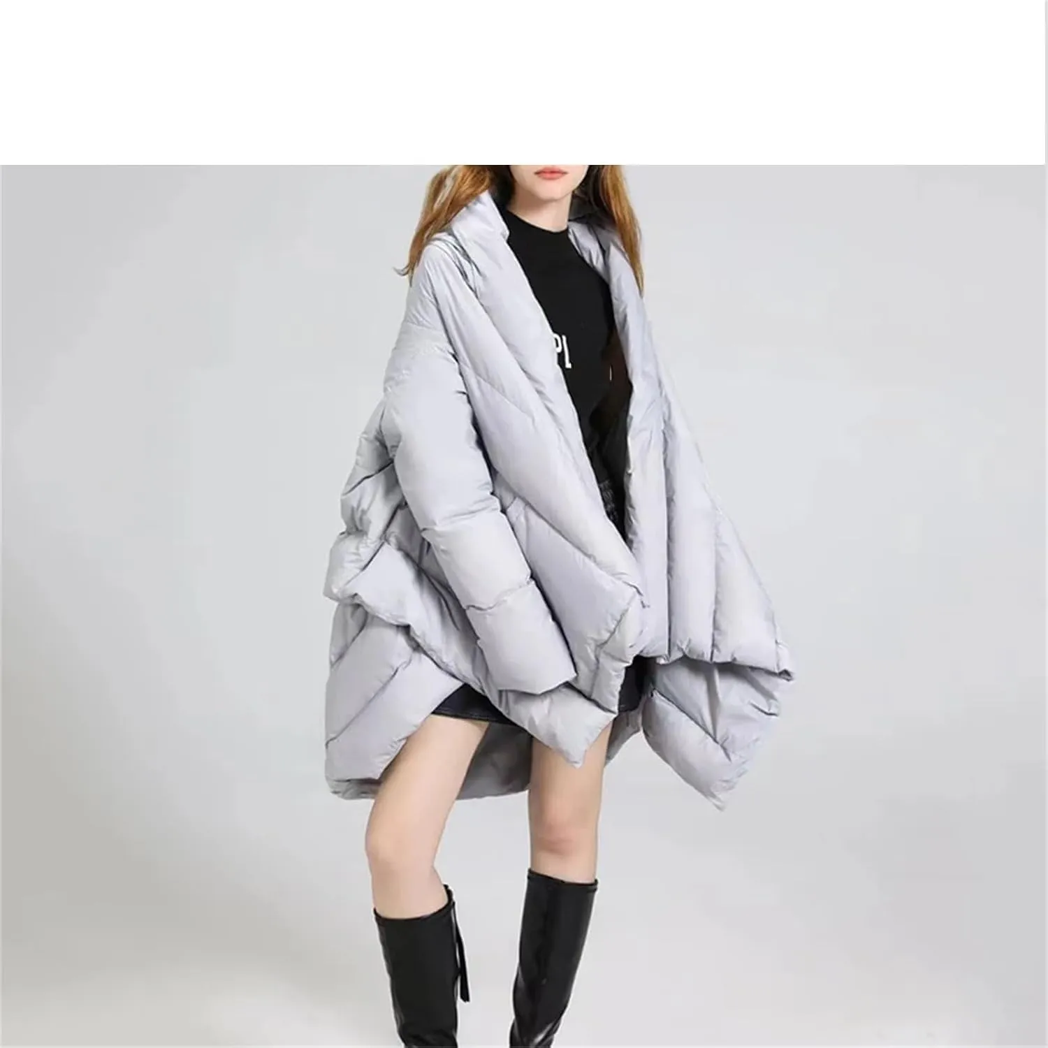 Women Irregular Shawl Loose Parka Coat Classic Medium-Length Hooded Cotton-Padded Jacket