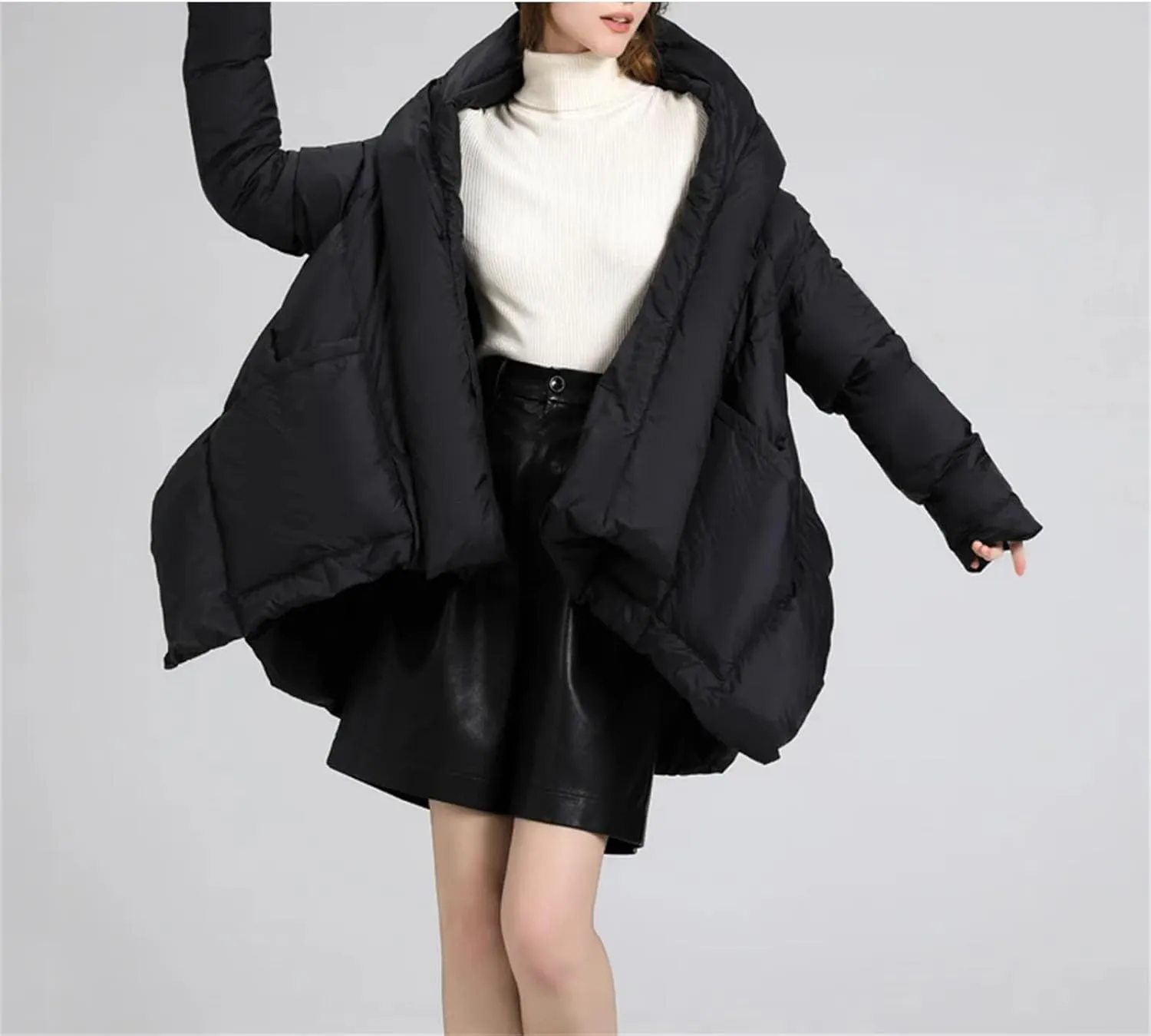 Women Irregular Shawl Loose Parka Coat Classic Medium-Length Hooded Cotton-Padded Jacket