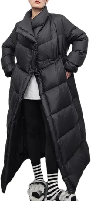 Women Large Lapel Long Loose Parka Coat Classic Knee Length Quilt Lace Up Cotton-Padded Jacket