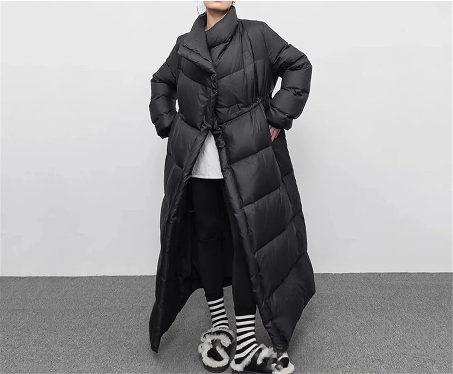 Women Large Lapel Long Loose Parka Coat Classic Knee Length Quilt Lace Up Cotton-Padded Jacket