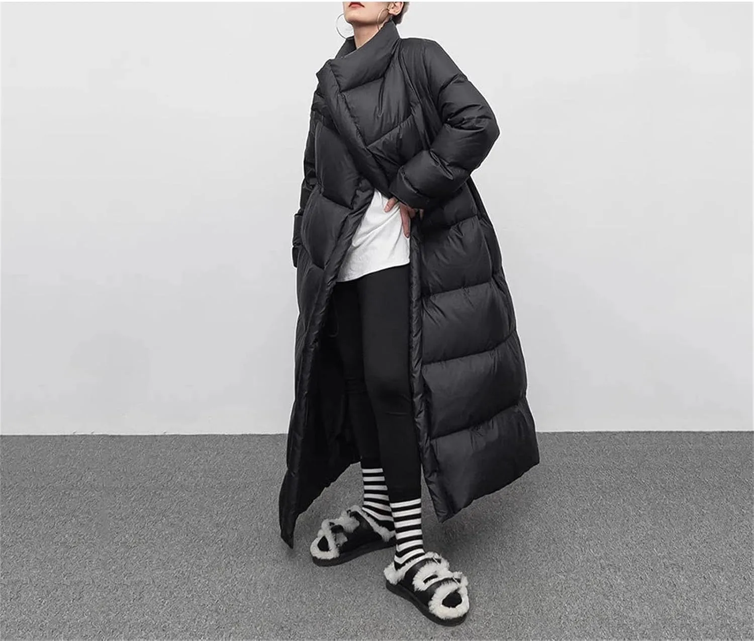 Women Large Lapel Long Loose Parka Coat Classic Knee Length Quilt Lace Up Cotton-Padded Jacket