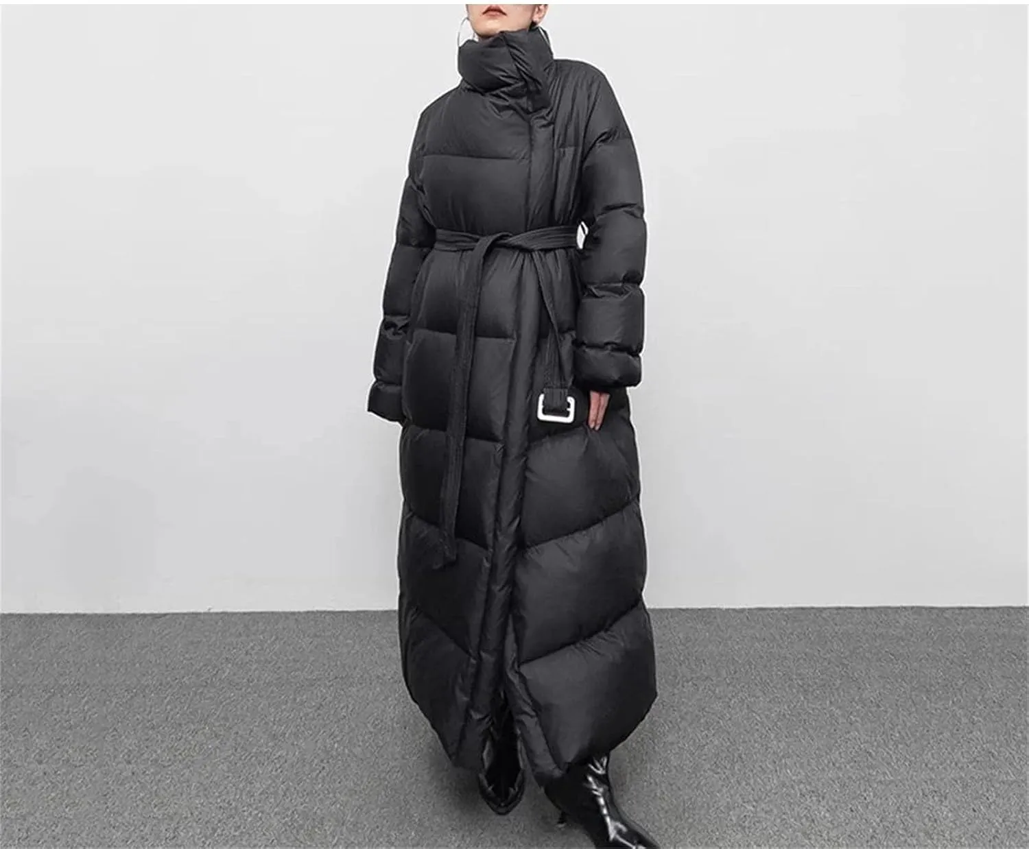 Women Large Lapel Long Loose Parka Coat Classic Knee Length Quilt Lace Up Cotton-Padded Jacket