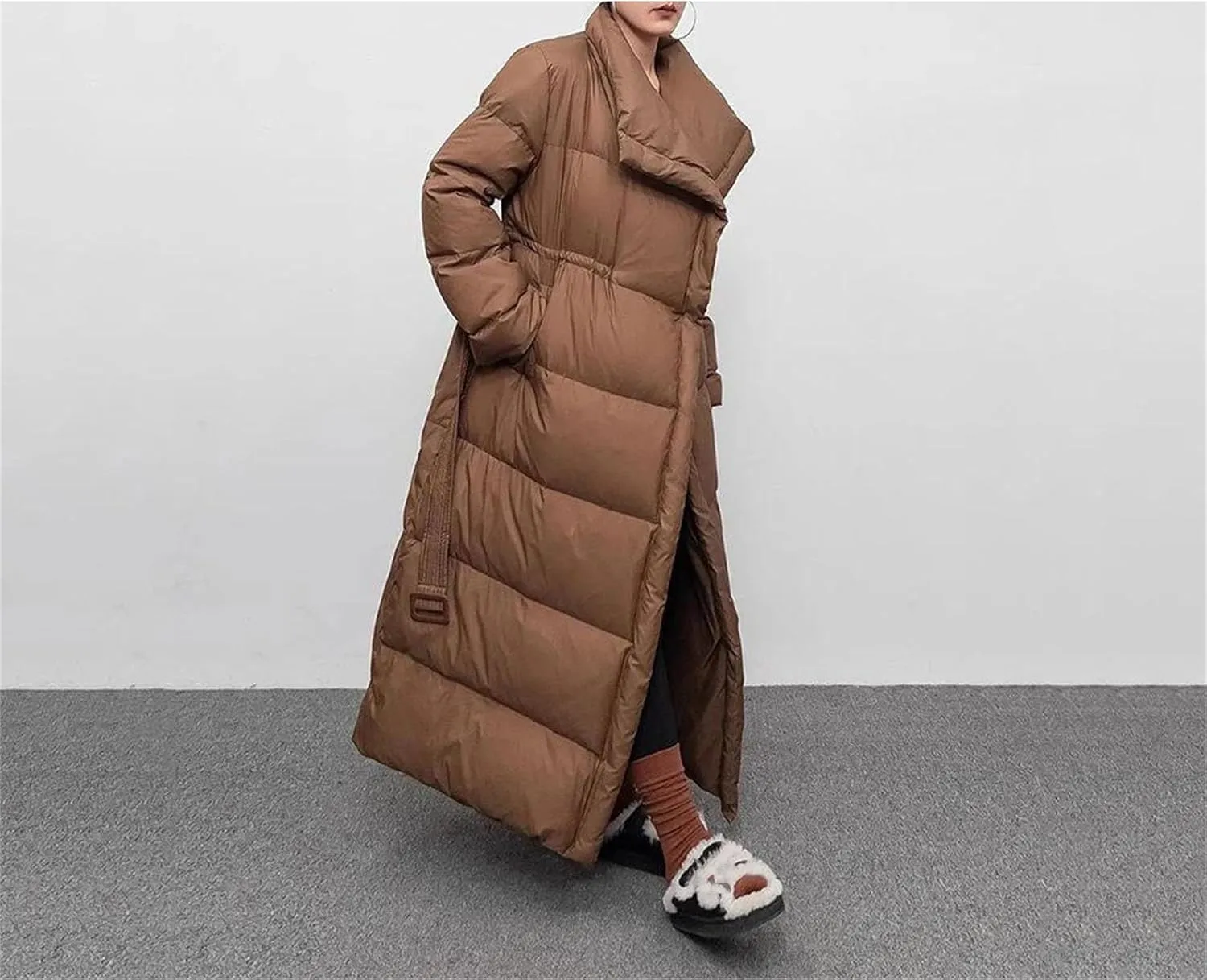 Women Large Lapel Long Loose Parka Coat Classic Knee Length Quilt Lace Up Cotton-Padded Jacket