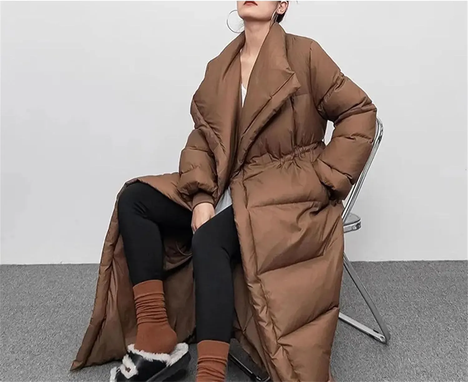 Women Large Lapel Long Loose Parka Coat Classic Knee Length Quilt Lace Up Cotton-Padded Jacket