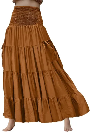 Women Ruffle Maxi Skirt 2025 Casual Boho Flowy Swing Tiered Flared A-Line Pleated Elastic Waist Midi Beach Dress,A003Orange,XL