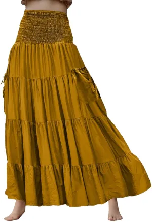 Women Ruffle Maxi Skirt 2025 Casual Boho Flowy Swing Tiered Flared A-Line Pleated Elastic Waist Midi Beach Dress,A008Yellow,XL