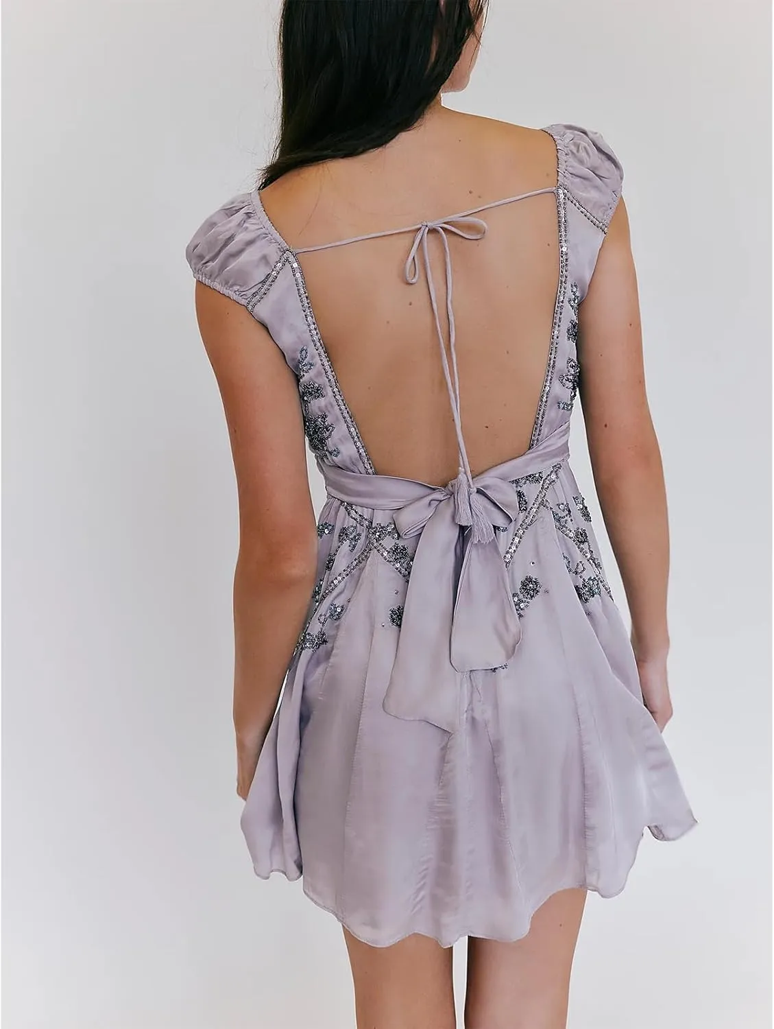 Women Sexy Sparkly Sequin Mini Dress Cap Sleeve V Neck Floral Embroidered Open Back Short Dress Summer Going Out