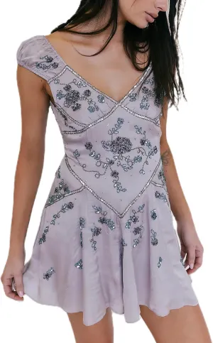 Women Sexy Sparkly Sequin Mini Dress Cap Sleeve V Neck Floral Embroidered Open Back Short Dress Summer Going Out