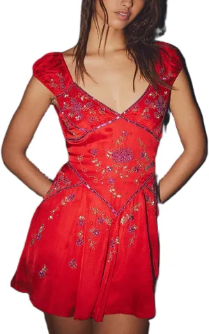 Women Sexy Sparkly Sequin Mini Dress Cap Sleeve V Neck Floral Embroidered Open Back Short Dress Summer Going Out