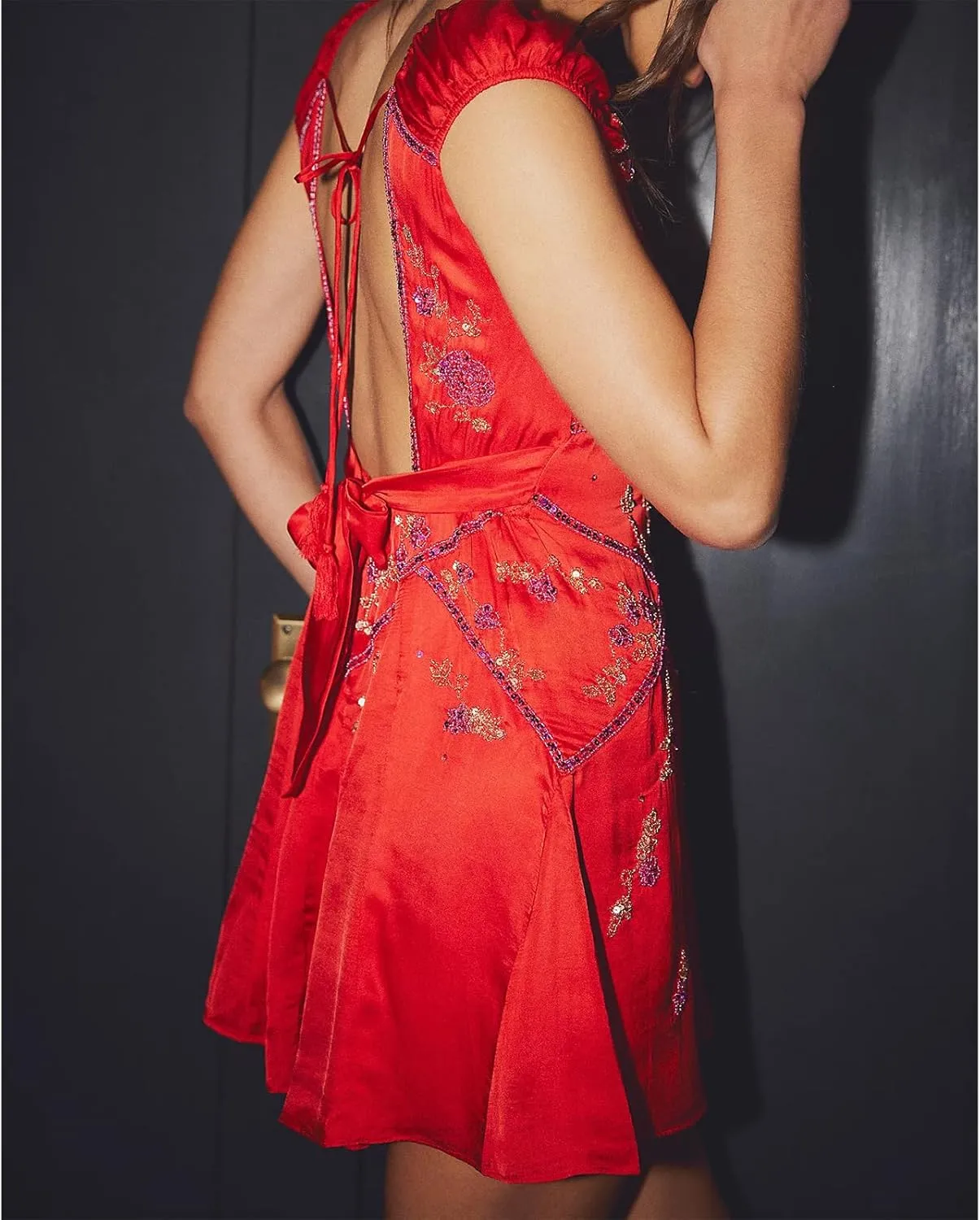 Women Sexy Sparkly Sequin Mini Dress Cap Sleeve V Neck Floral Embroidered Open Back Short Dress Summer Going Out