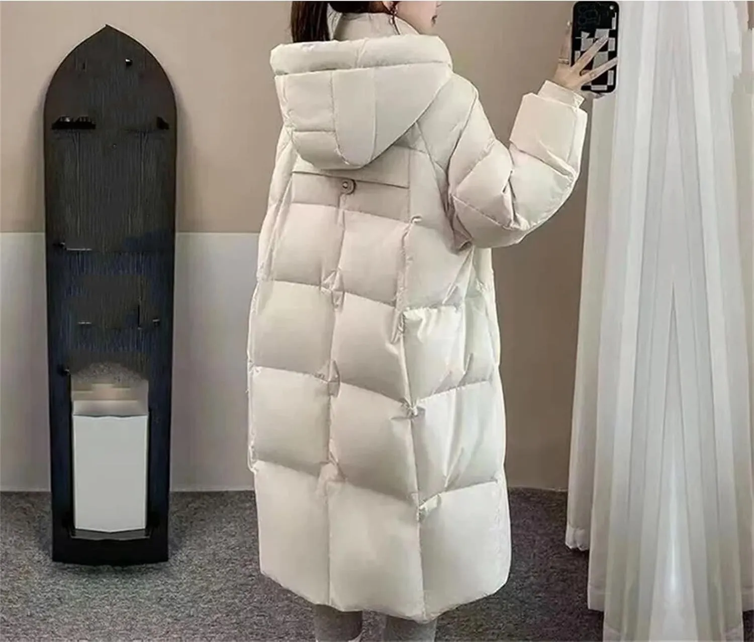 Women Solid Pockets Thicken Long Parka Coat Classic Drawstring Hooded Cotton-Padded Jacket