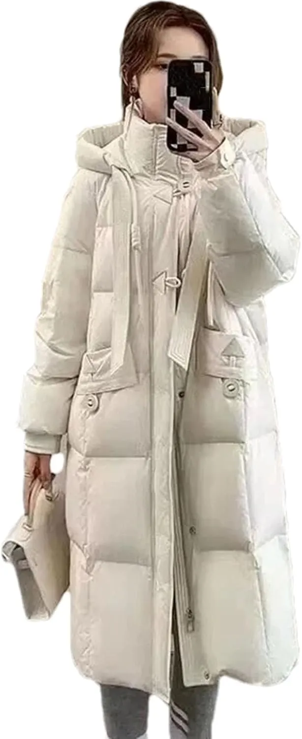 Women Solid Pockets Thicken Long Parka Coat Classic Drawstring Hooded Cotton-Padded Jacket
