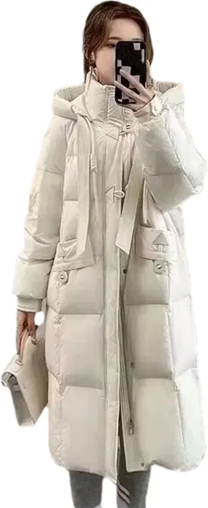 Women Solid Pockets Thicken Long Parka Coat Classic Drawstring Hooded Cotton-Padded Jacket