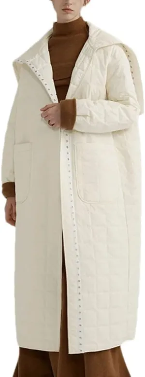 Women Solid Stripes Big Lapel Parka Coat Classic Single Breasted Long Cotton-Padded Jacket