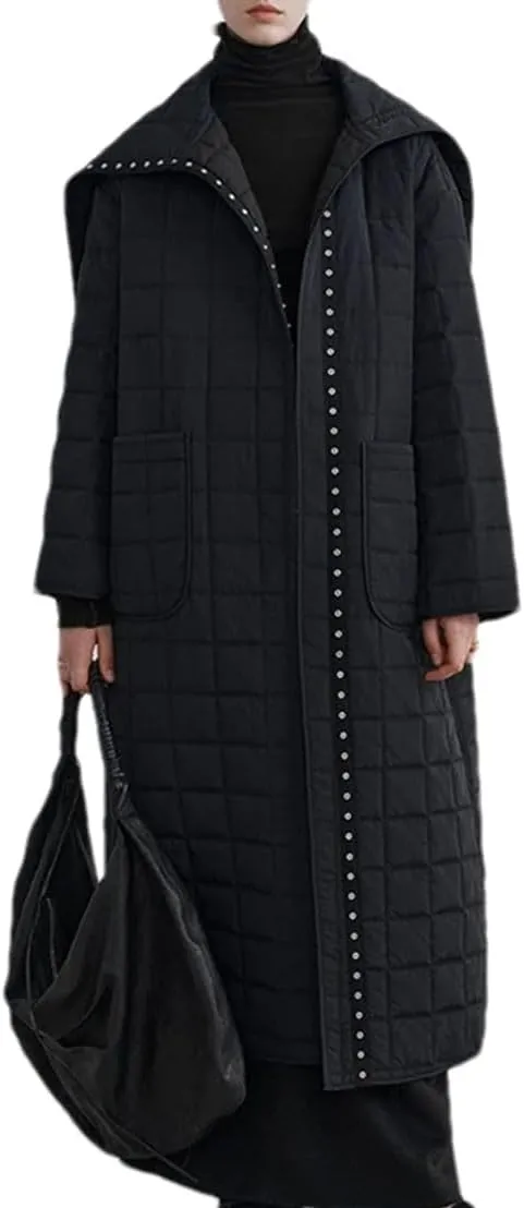 Women Solid Stripes Big Lapel Parka Coat Classic Single Breasted Long Cotton-Padded Jacket