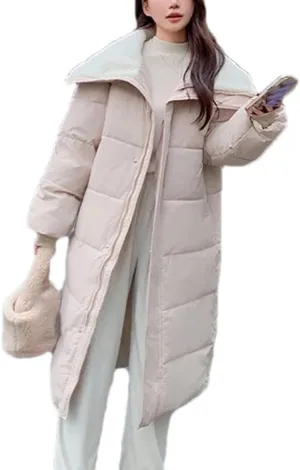 Women Zipper Button Over The Knee Parka Coat Classic Plush Lapel Long Cotton-Padded Jacket