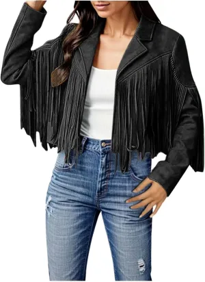 Womens Anorak Jacket Women Fringe Faux Suede Leather Jackets Fashion Tassel Motorcycle Cropped Jacket for Old