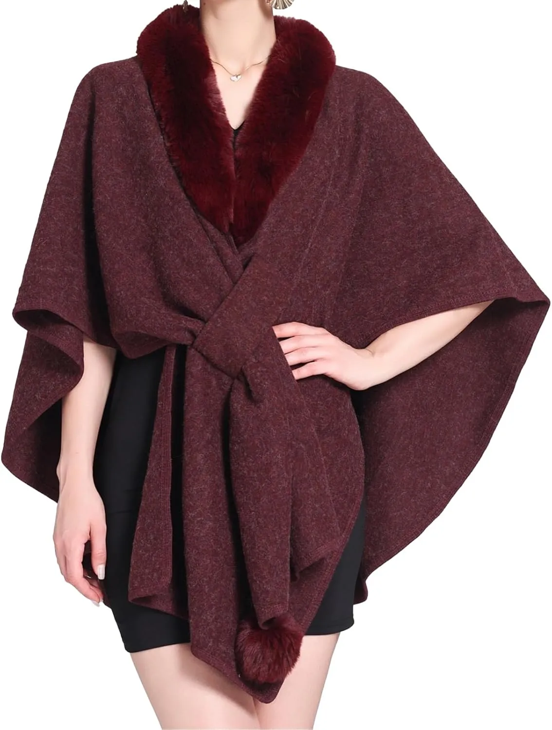 Womens Batwing Sleeve Fur Collar Cloak Shawl ScarfFaux Fur Shawls Jackets V Neck Cape Coats