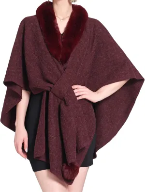 Womens Batwing Sleeve Fur Collar Cloak Shawl ScarfFaux Fur Shawls Jackets V Neck Cape Coats