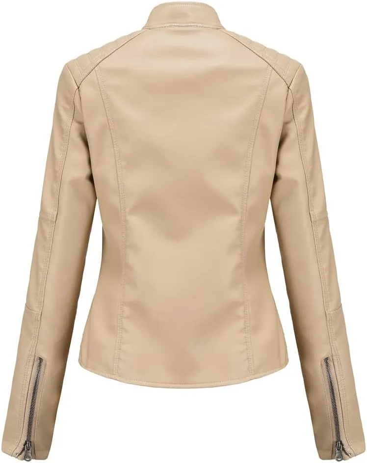 Women's Classic Faux Leather Jacket Stand Collar Zip UP Slim Fit Moto Biker Jacket