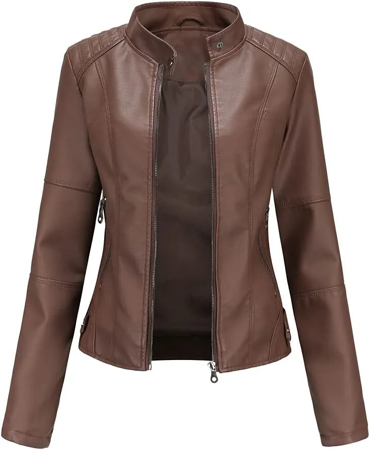 Women's Classic Faux Leather Jacket Stand Collar Zip UP Slim Fit Moto Biker Jacket