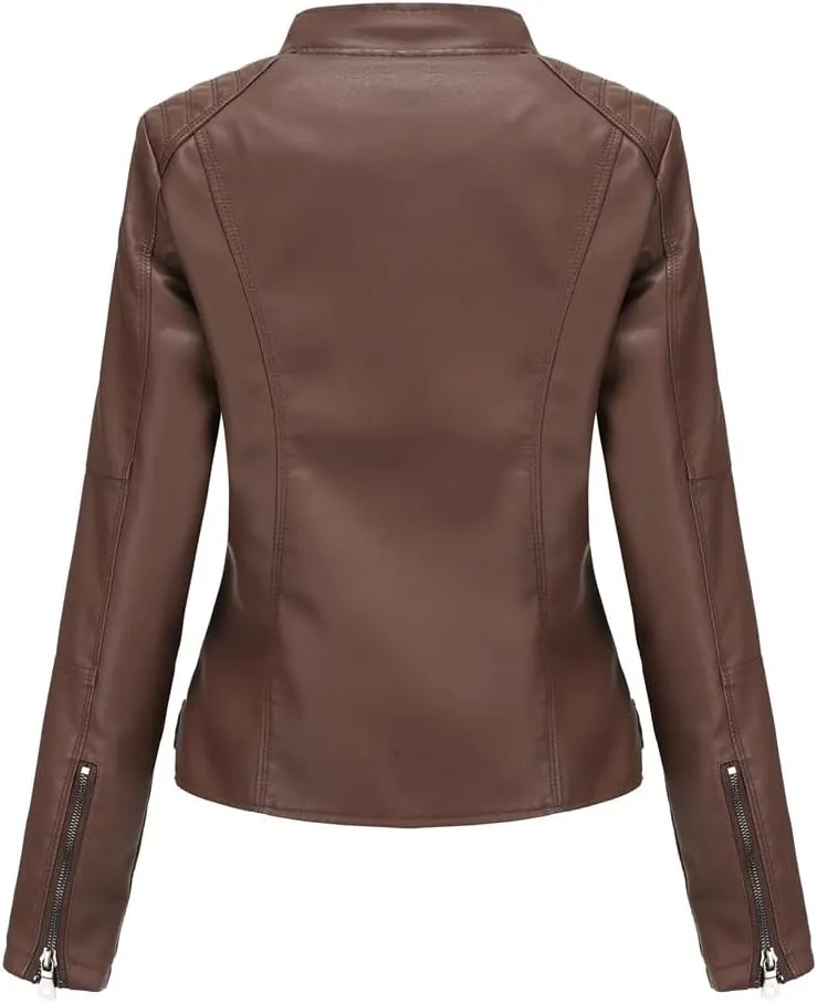 Women's Classic Faux Leather Jacket Stand Collar Zip UP Slim Fit Moto Biker Jacket