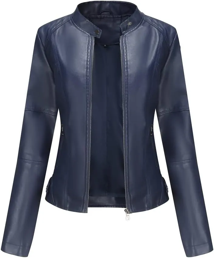 Women's Classic Faux Leather Jacket Stand Collar Zip UP Slim Fit Moto Biker Jacket