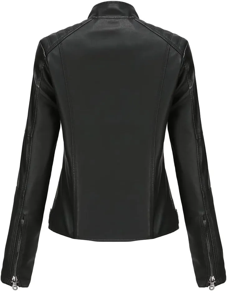 Women's Classic Faux Leather Jacket Stand Collar Zip UP Slim Fit Moto Biker Jacket