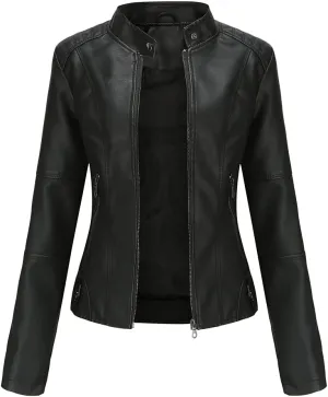 Women's Classic Faux Leather Jacket Stand Collar Zip UP Slim Fit Moto Biker Jacket