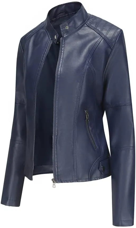 Women's Classic Faux Leather Jacket Stand Collar Zip UP Slim Fit Moto Biker Jacket