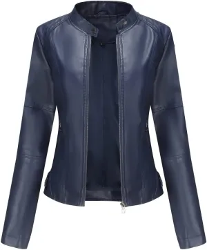 Women's Classic Faux Leather Jacket Stand Collar Zip UP Slim Fit Moto Biker Jacket